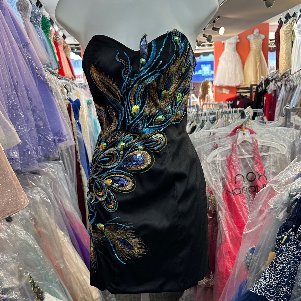 Strapless Black Dress with Peacock Embroidery